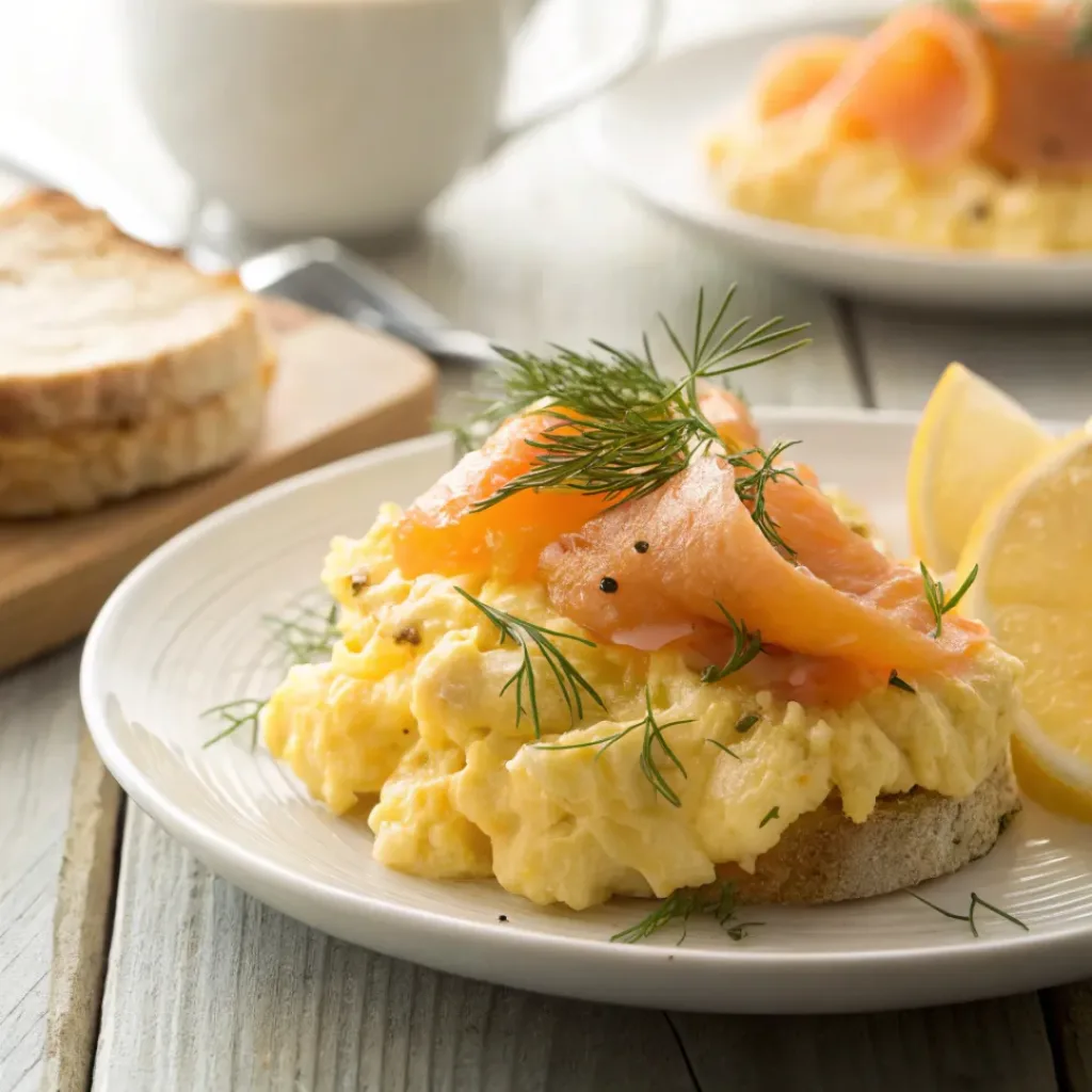 Fluffy scrambled eggs topped with smoked salmon, dill, and lemon
