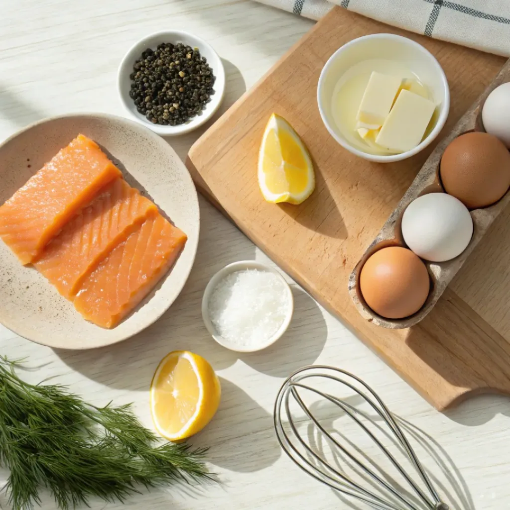 Flat lay of eggs, smoked salmon, butter, dill, and lemon for scrambled eggs