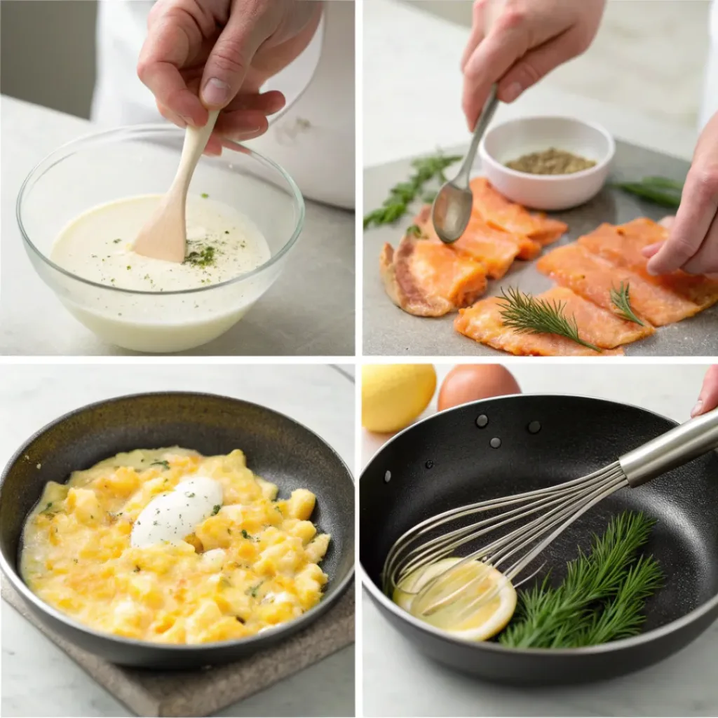 Four-panel collage showing whisking eggs, cooking, plating, and garnishing with salmon and dill