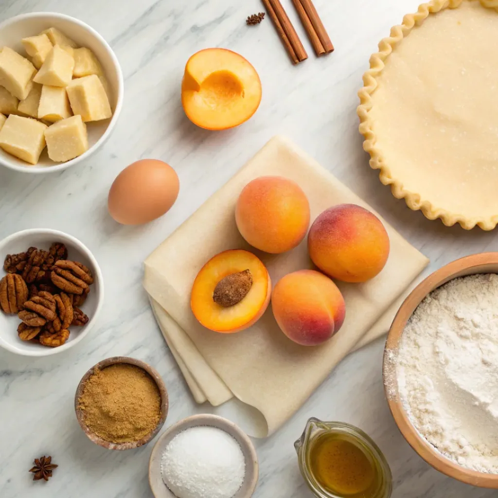Flat lay of peaches, pie dough, cinnamon, and baking ingredients