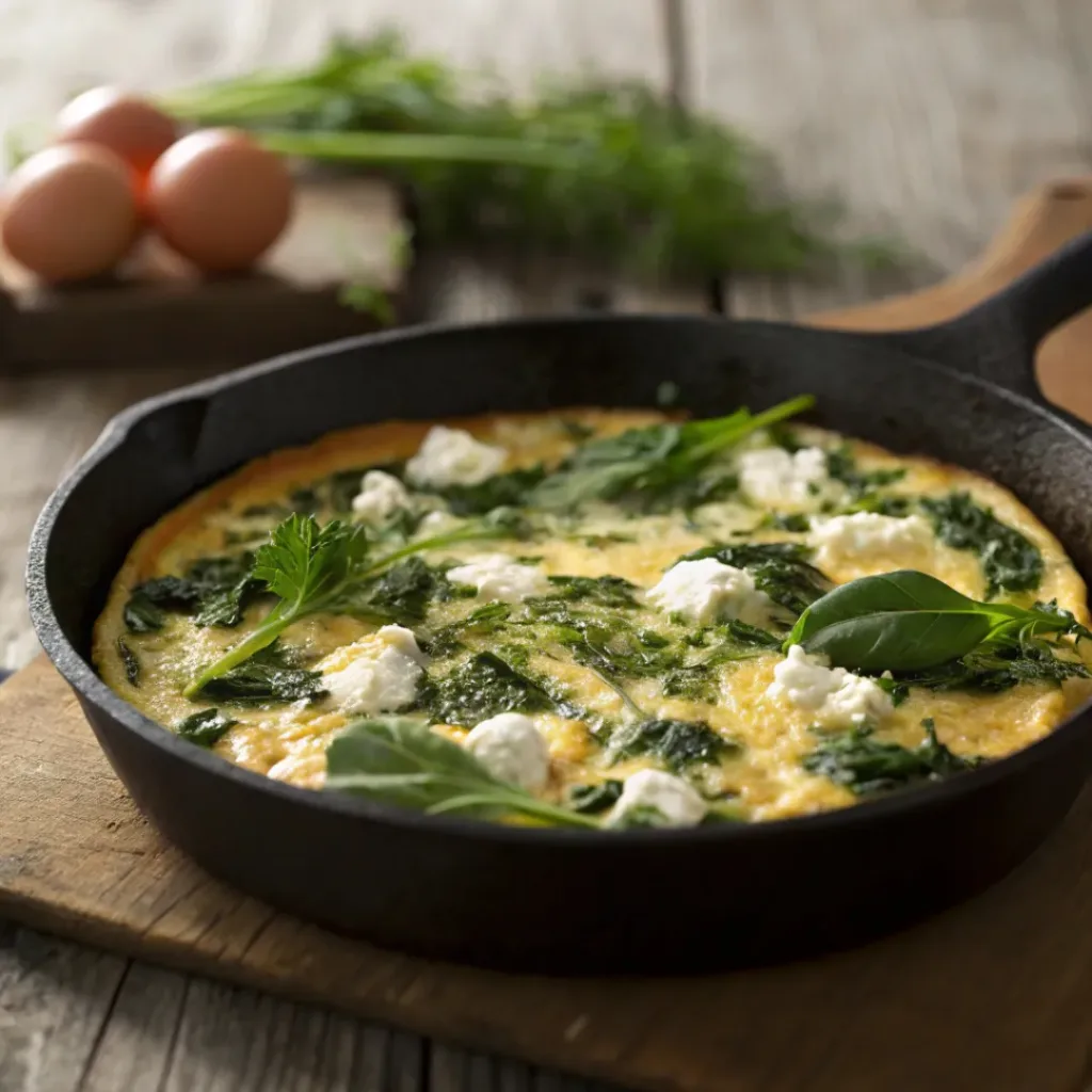Golden frittata with spinach and crumbled feta in skillet