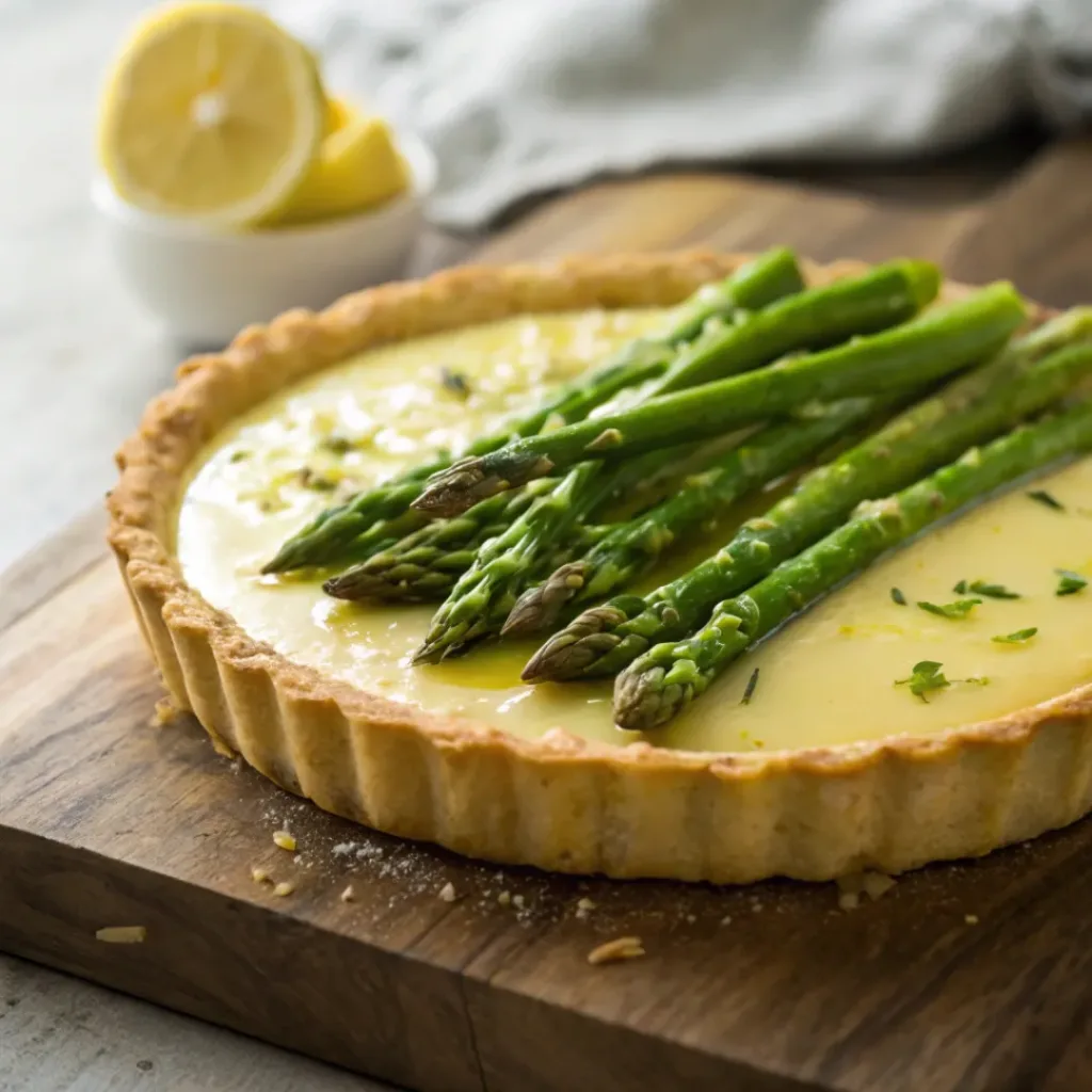 Lemon ricotta tart topped with asparagus served with salad