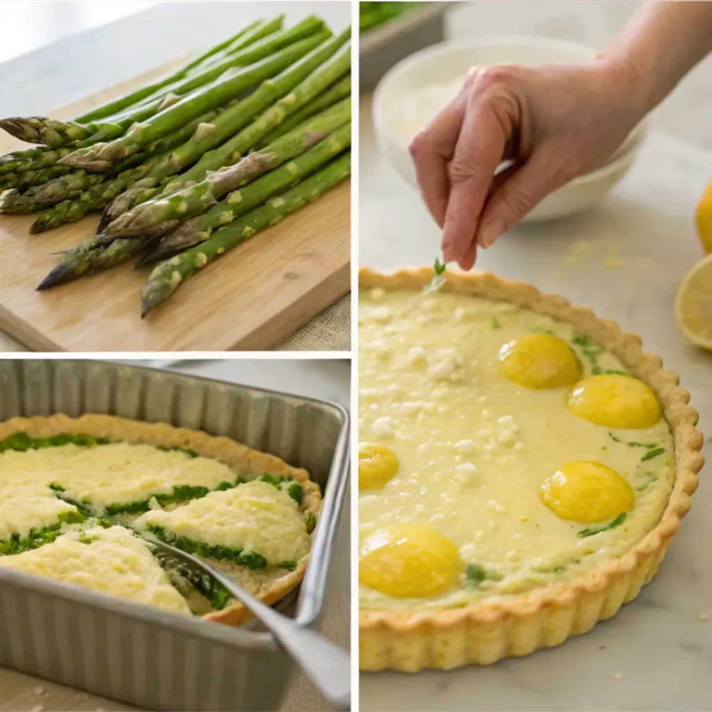 Step-by-step collage showing preparation of asparagus and lemon ricotta tart