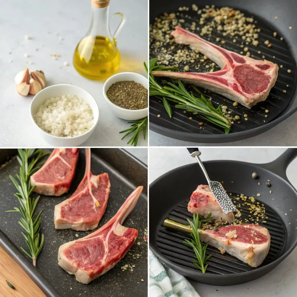 Step-by-step collage showing preparation of lamb chops with rosemary and garlic