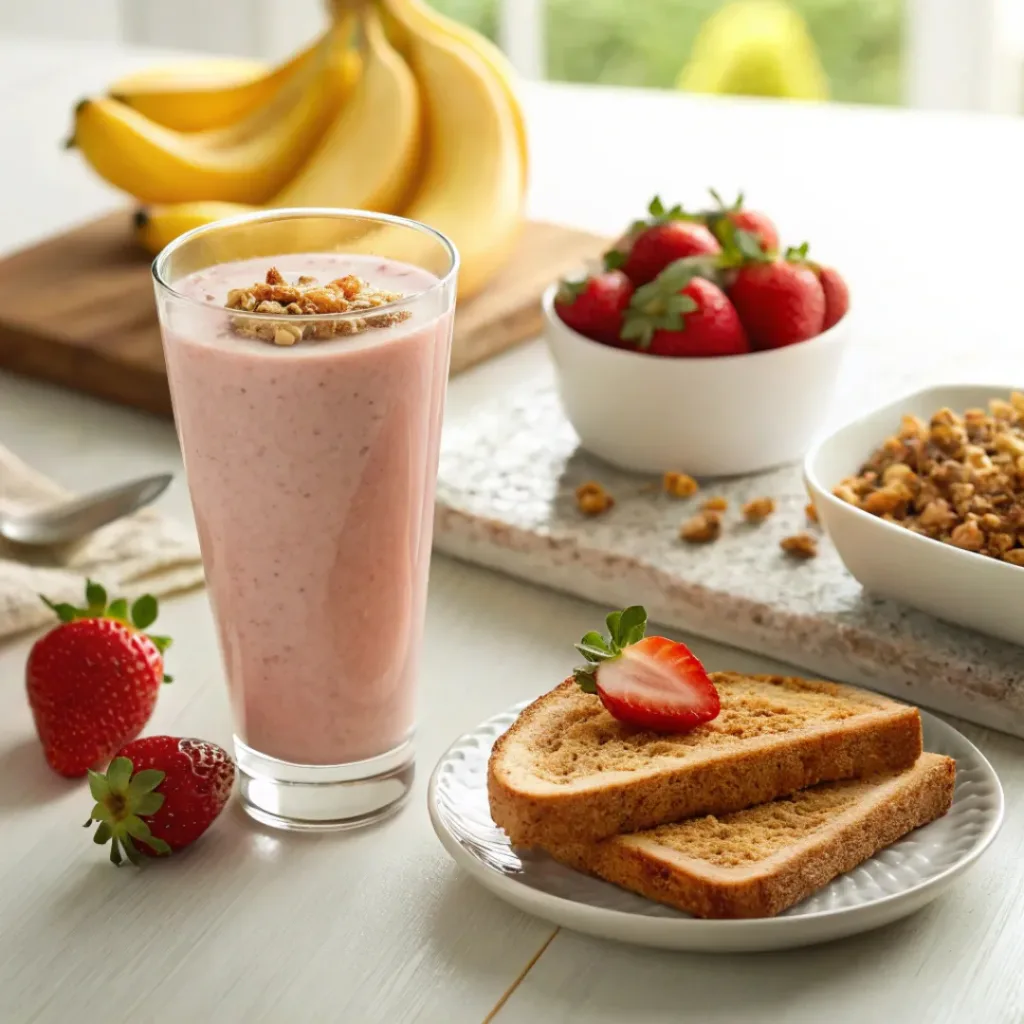 Strawberry banana smoothie served with healthy breakfast items