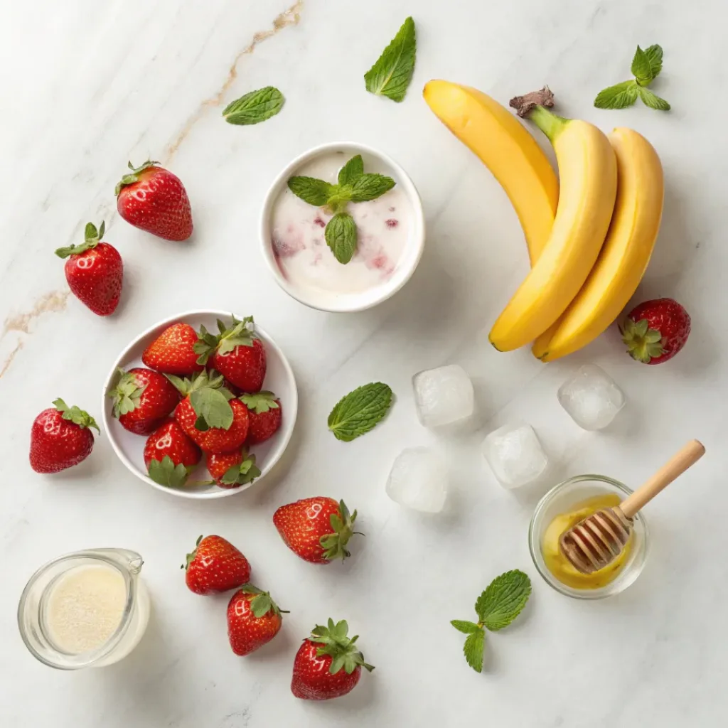 Flat lay of strawberries, bananas, yogurt, and smoothie ingredients