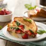 Grilled cheese sandwich with strawberries and basil leaves