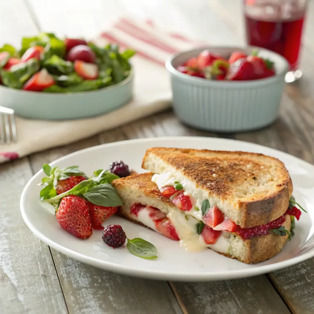 Strawberry basil grilled cheese sandwich served with fresh side salad