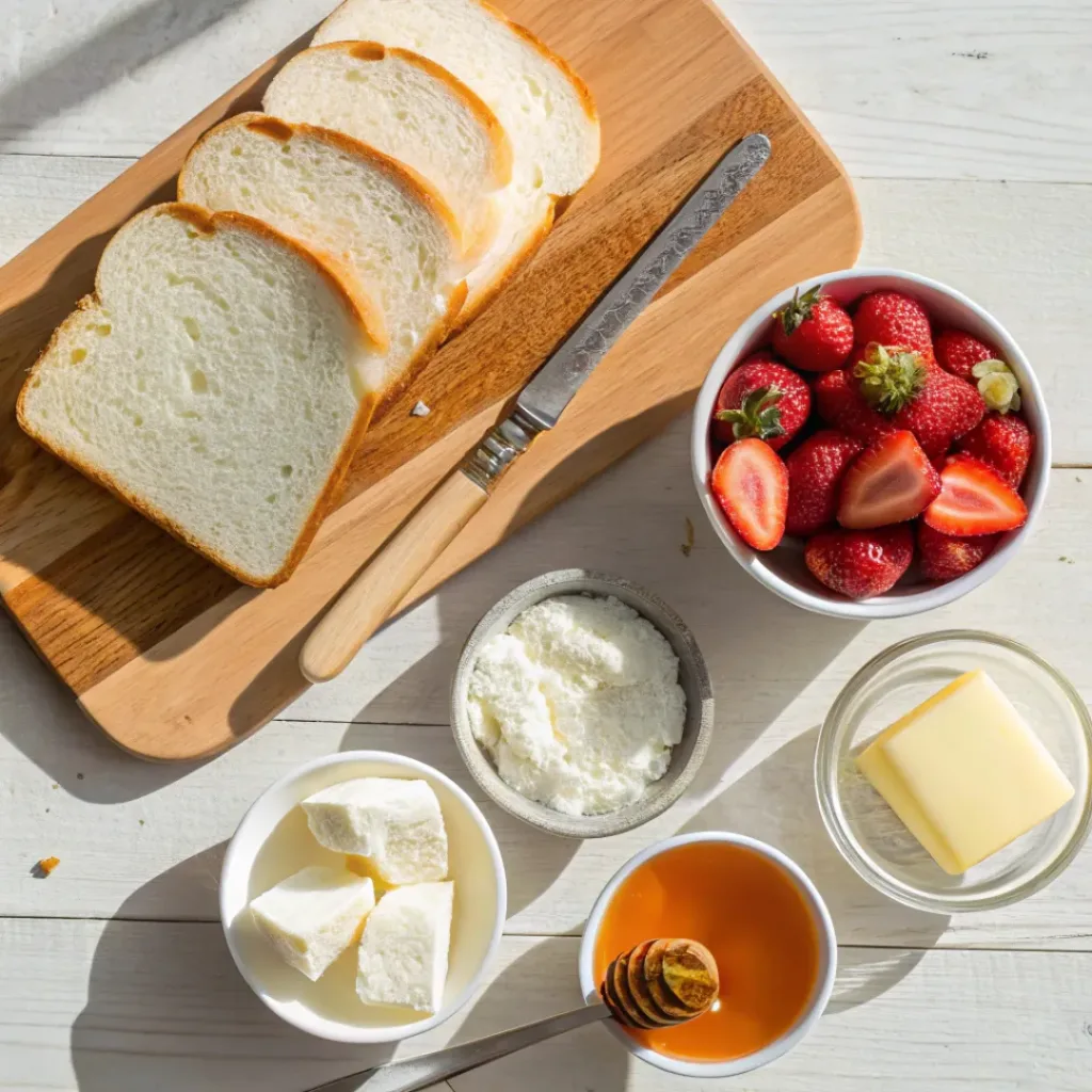 Flat lay of bread, cream cheese, strawberries, and honey for cheesecake toast