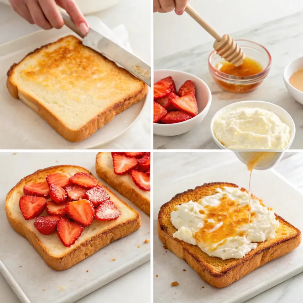 Four-panel collage showing toasting bread, mixing cream cheese, spreading topping, and adding strawberries