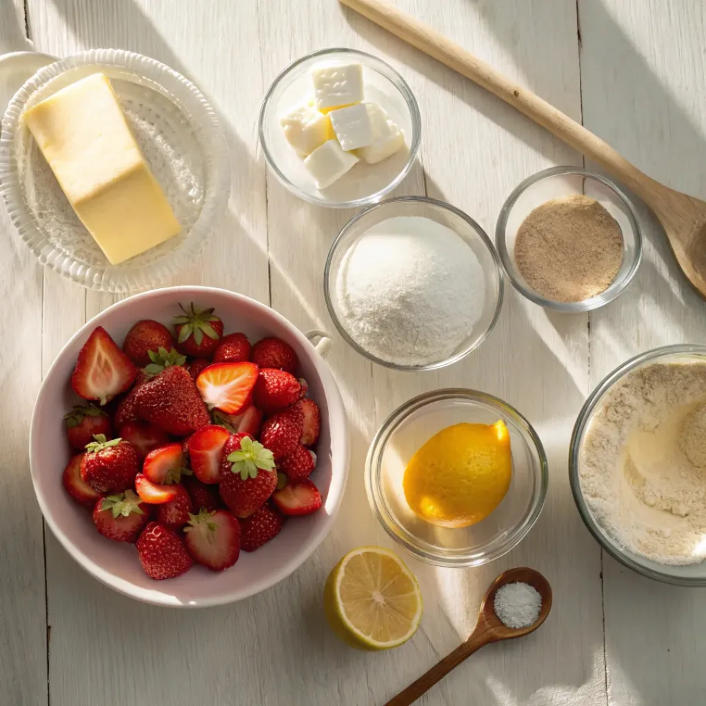 Flat lay of strawberries, flour, butter, sugar, and baking ingredients