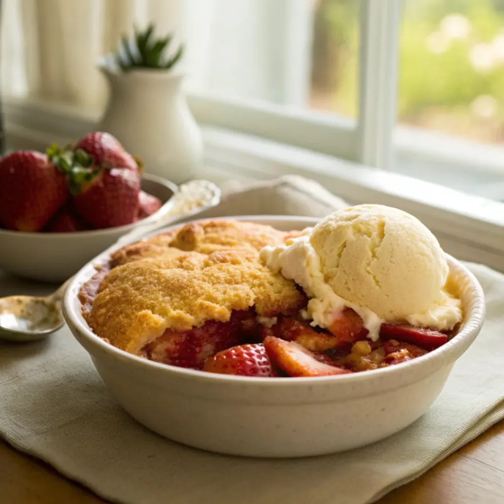 Strawberry cobbler served warm with vanilla ice cream