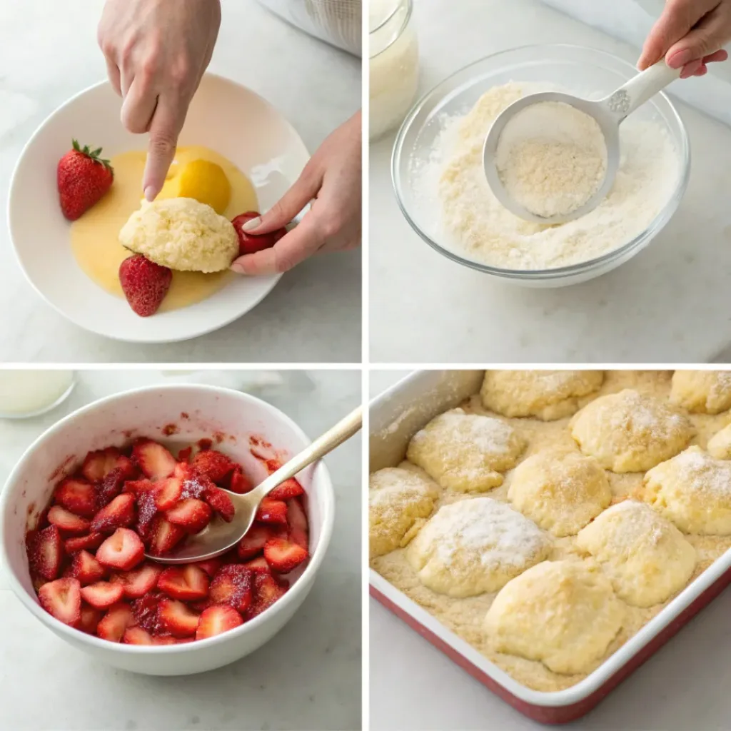 Flat lay of strawberries, flour, butter, sugar, and baking ingredients