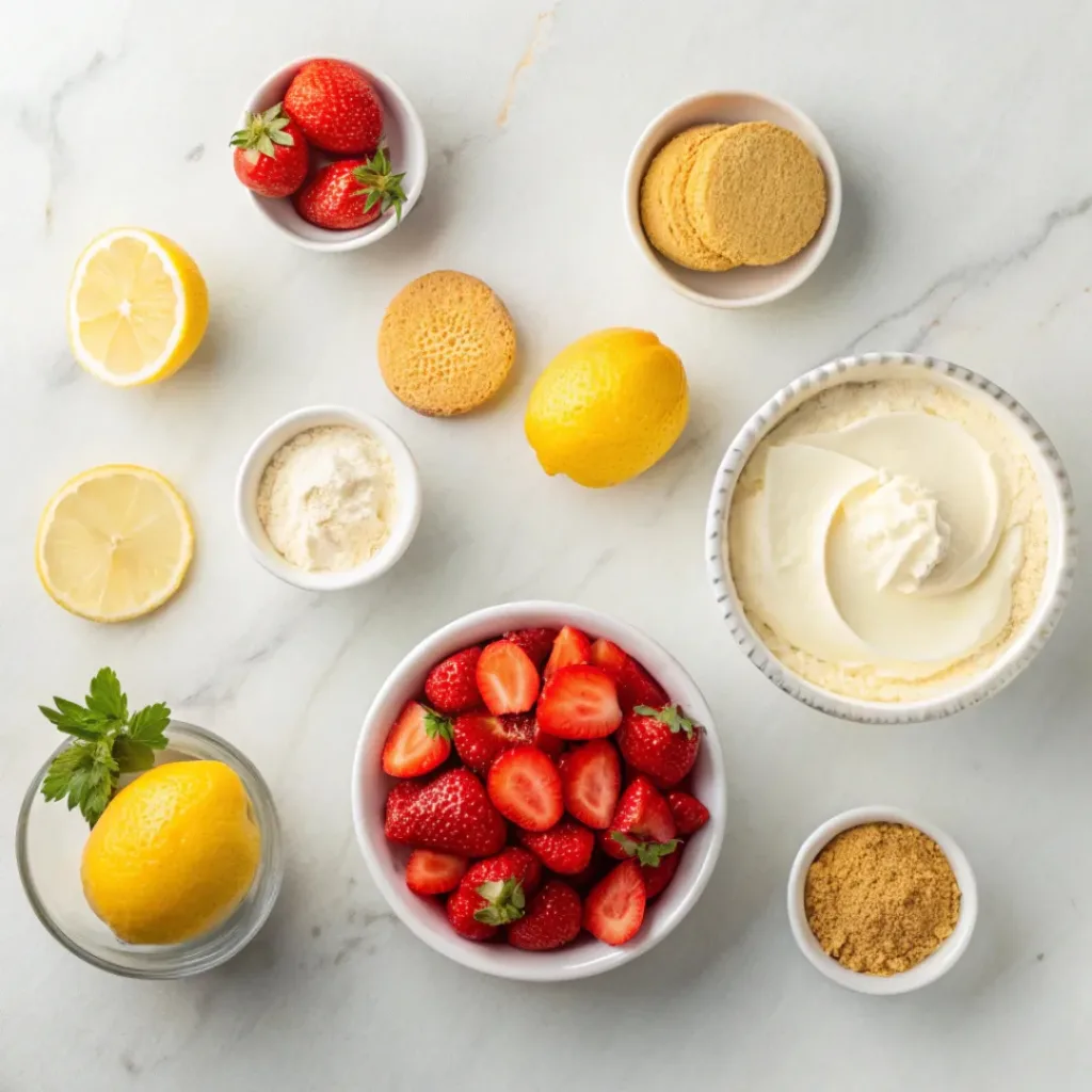Flat lay of strawberries, lemons, cream cheese, graham crackers, and dessert ingredients