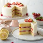 Strawberry lemon layer cake with fresh strawberries and lemon frosting