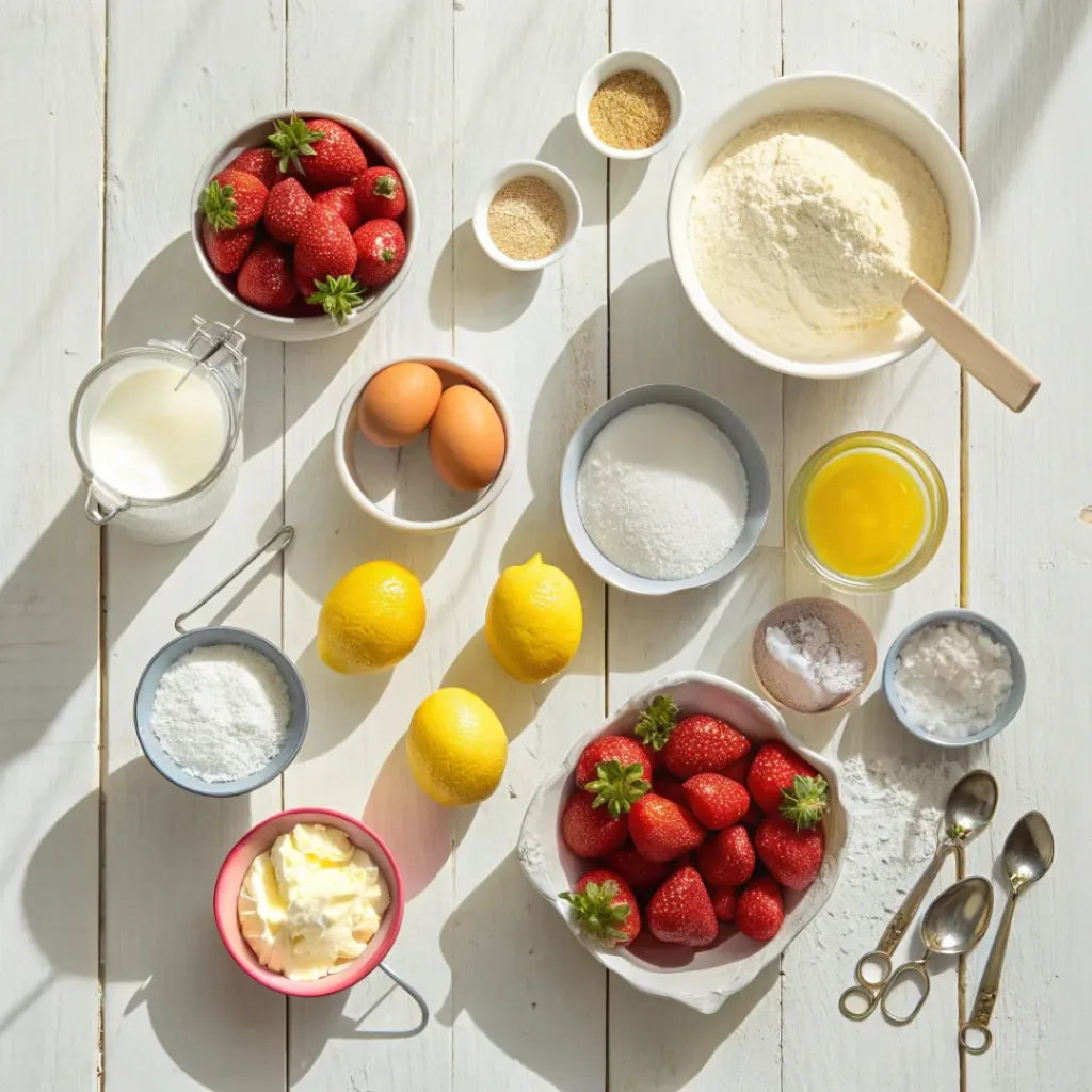 Strawberry Lemon Layer Cake Ingredients Flat Lay