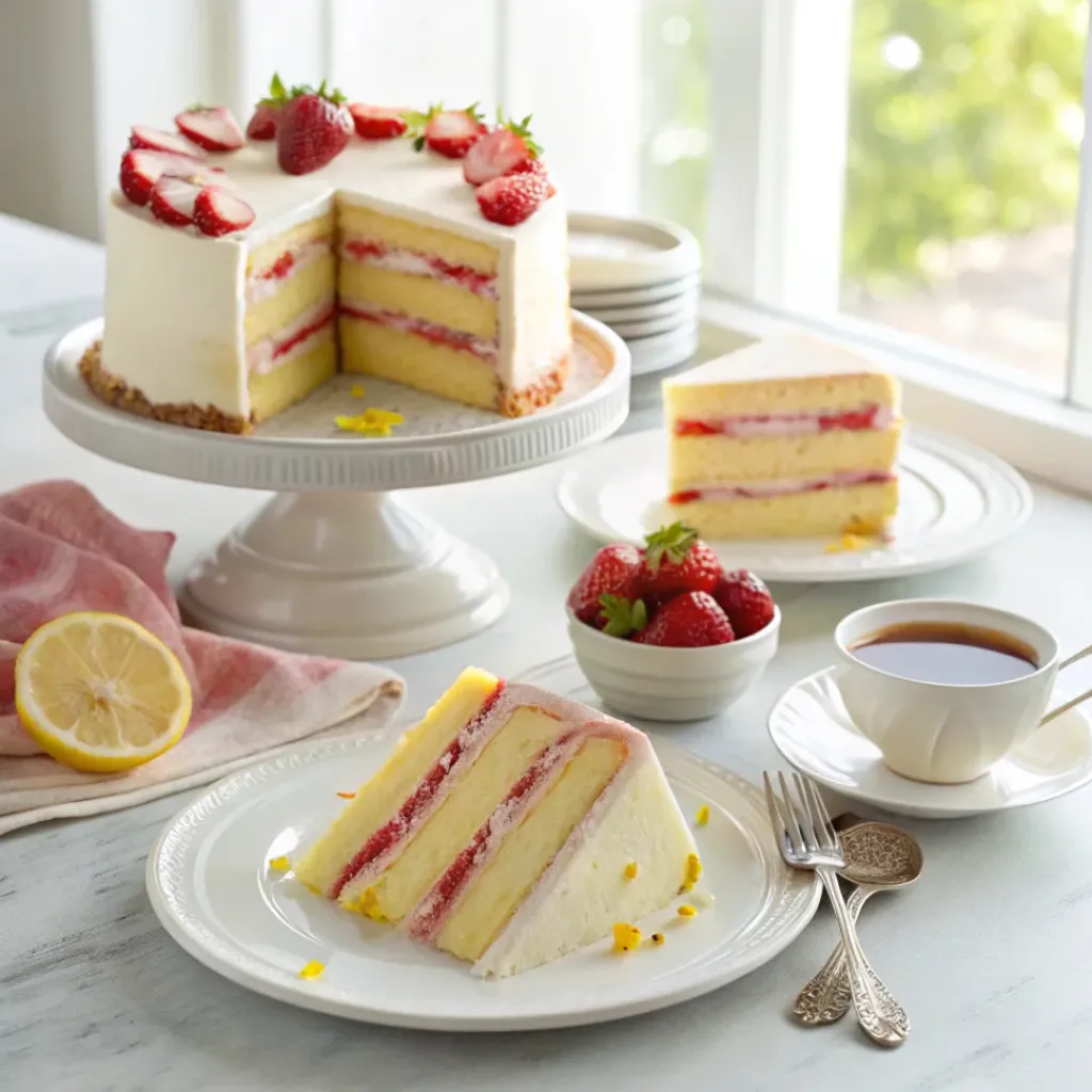 Slice of strawberry lemon layer cake served with tea