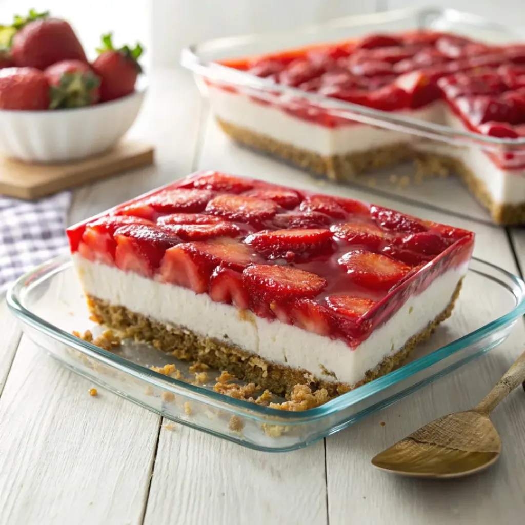 Layered strawberry pretzel salad with pretzel crust, creamy center, and strawberry topping