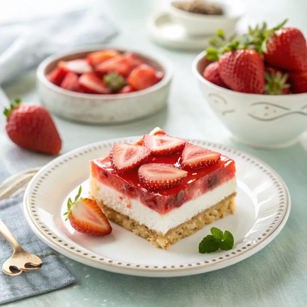 Slice of strawberry pretzel salad served on a plate with fresh strawberries