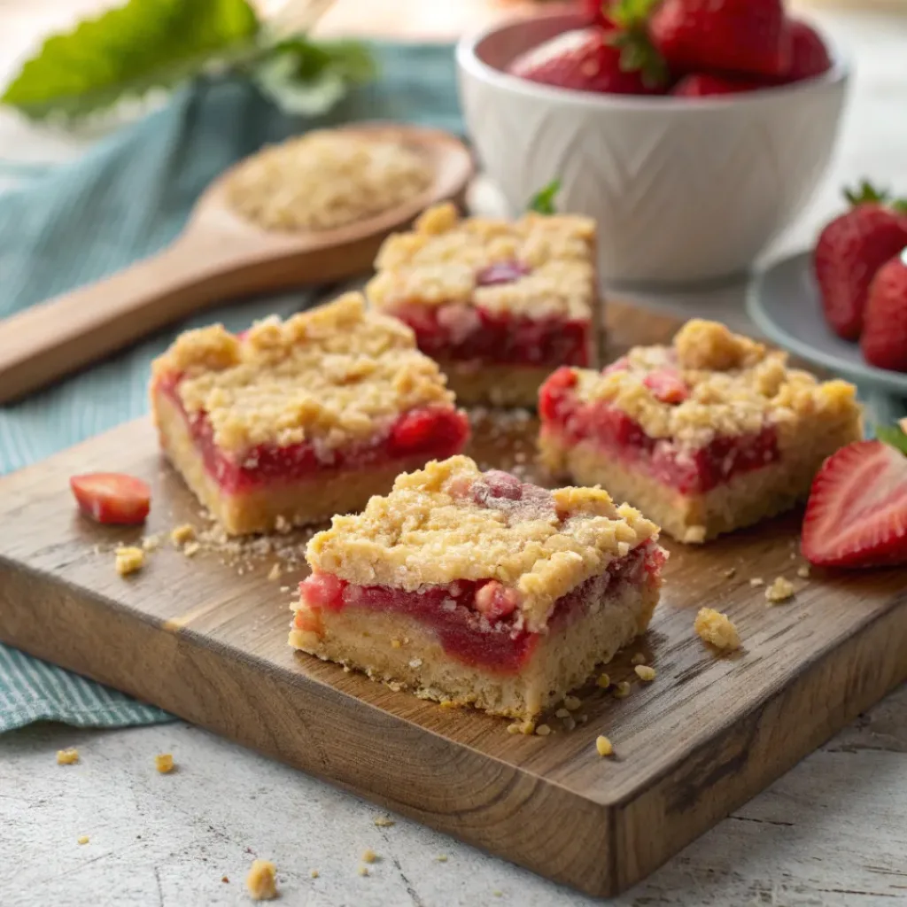 Golden crumble bars with red strawberry and rhubarb filling