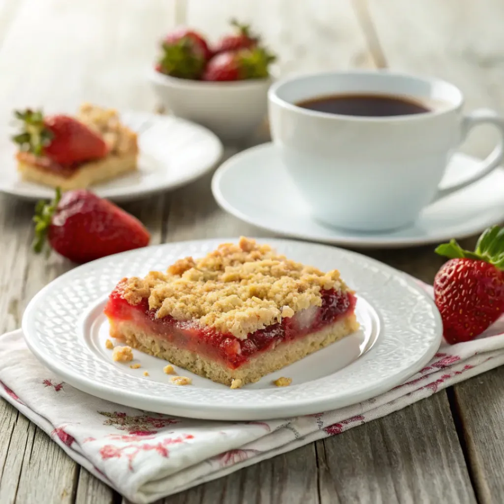 Strawberry rhubarb bar served with tea or coffee