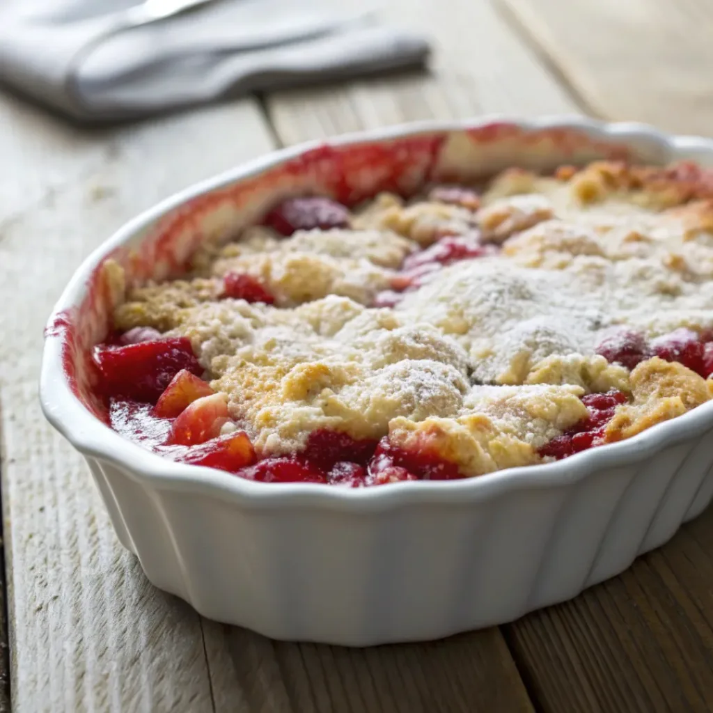 Baked strawberry rhubarb crumble with golden crumb topping in a ceramic dish