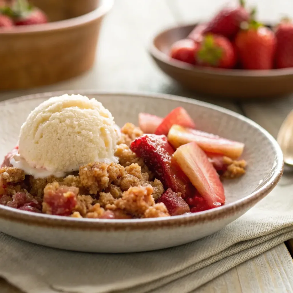 Strawberry rhubarb crumble served with vanilla ice cream