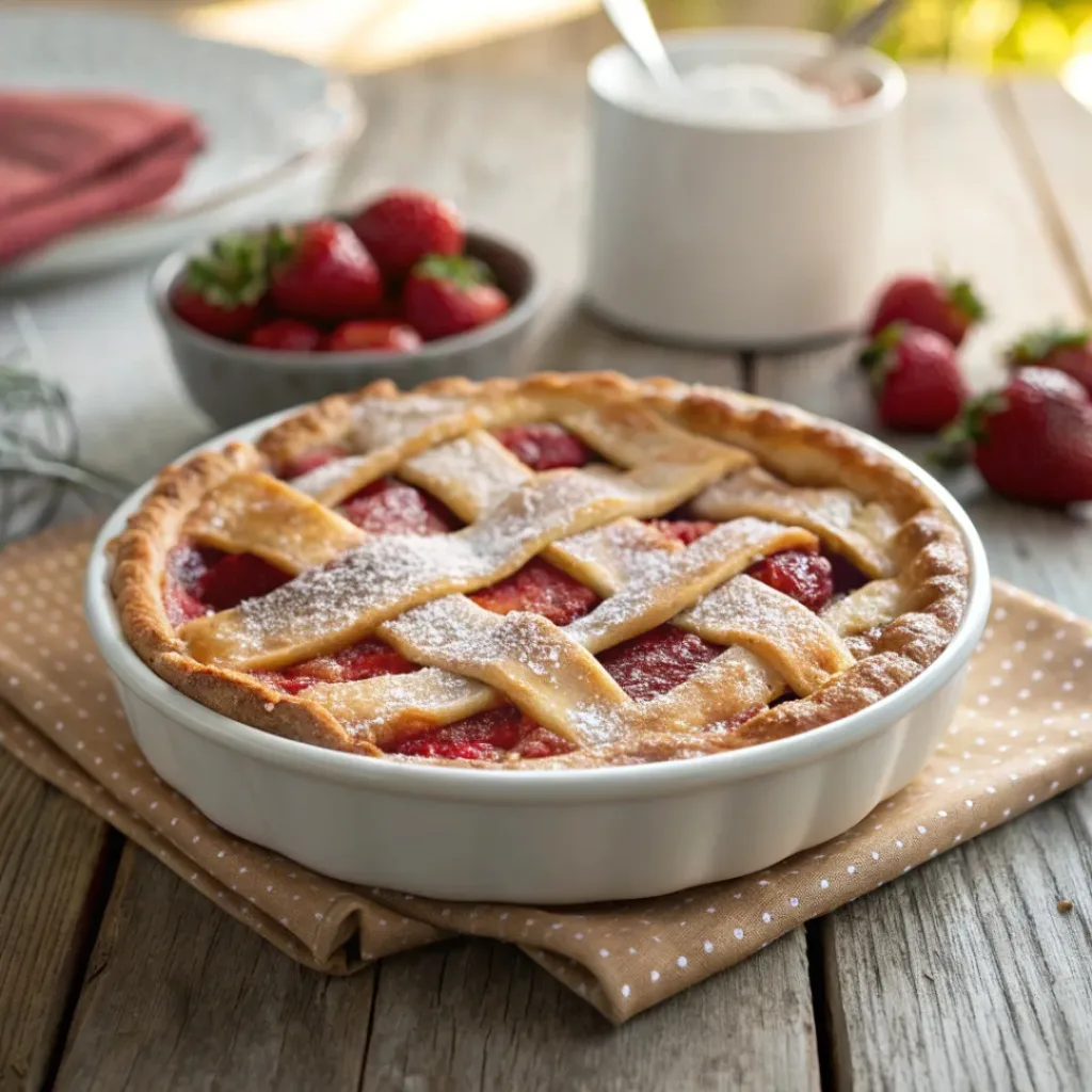 Golden lattice strawberry rhubarb pie with bubbling red filling in a ceramic dish