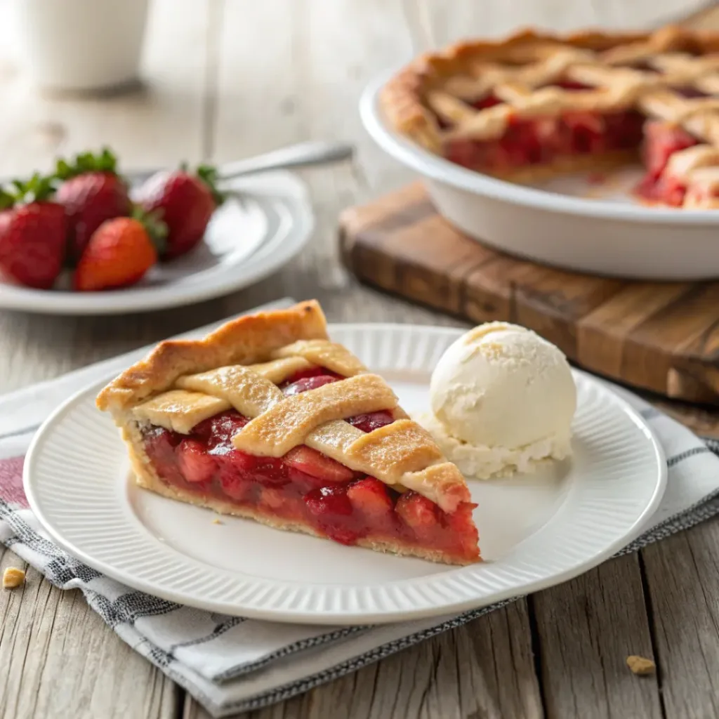 Slice of strawberry rhubarb pie with lattice crust served with vanilla ice cream