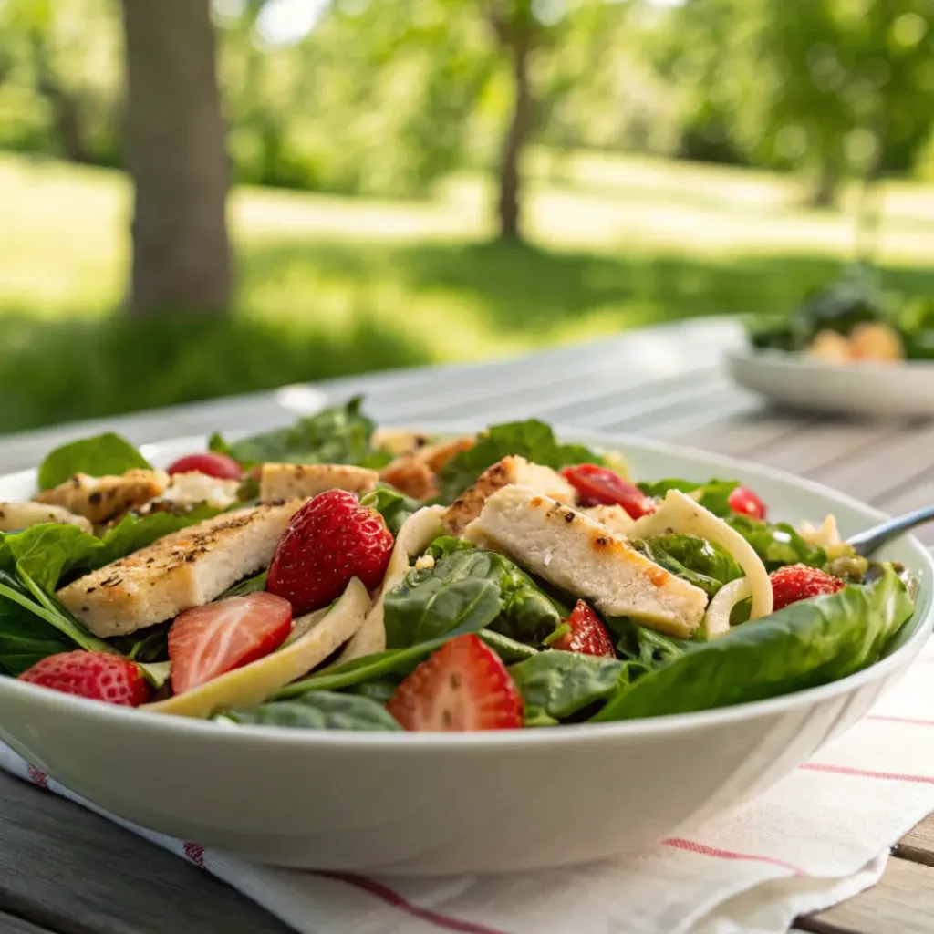 Strawberry spinach pasta salad served with grilled dishes