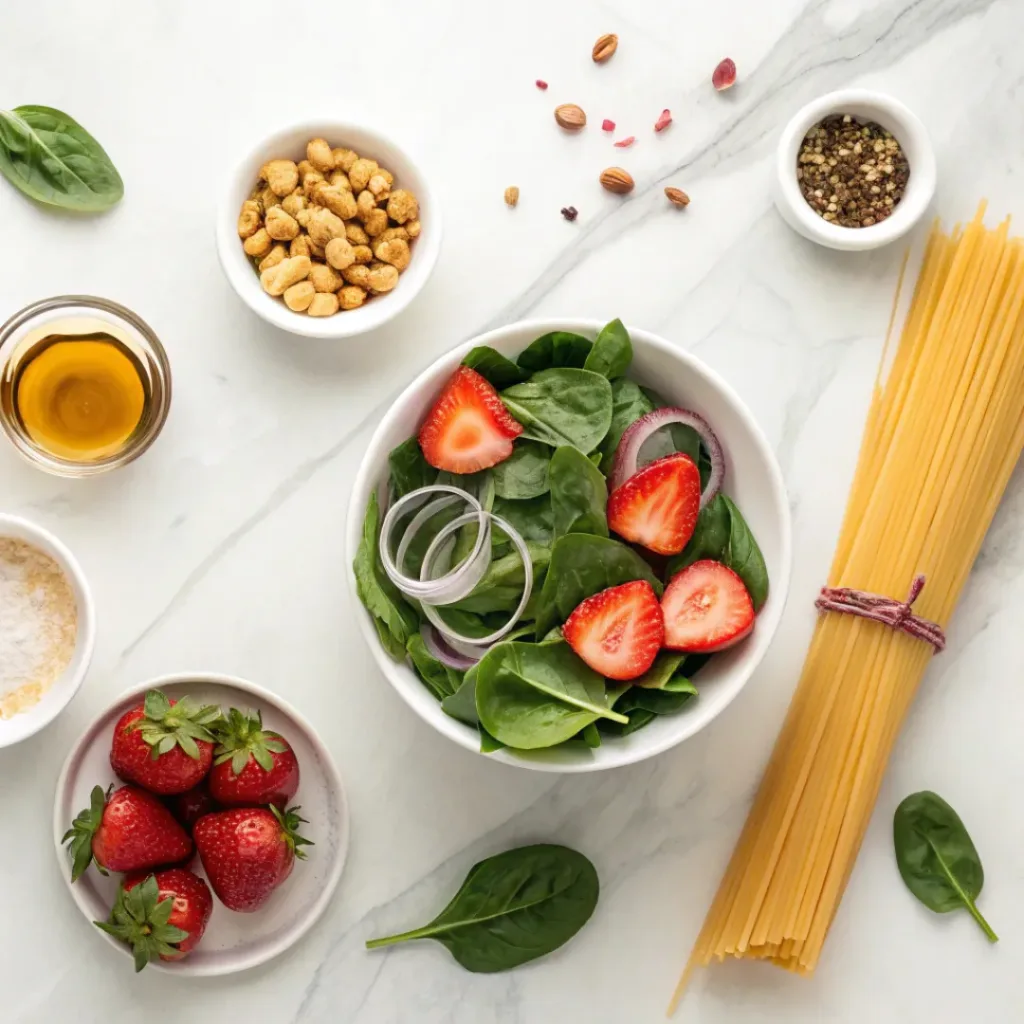 Flat lay of pasta, spinach, strawberries, onion, and dressing ingredients