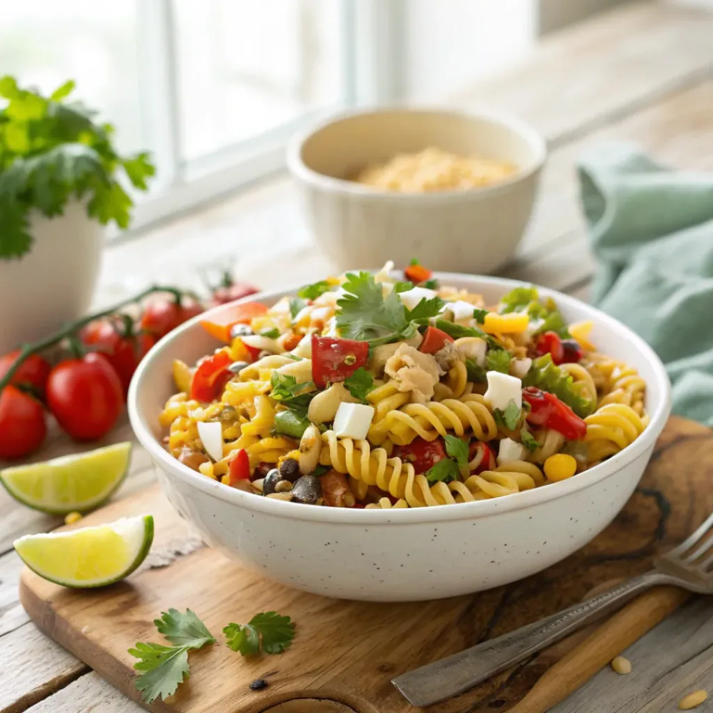 Street corn pasta salad with rotini, corn, red bell peppers, and creamy dressing