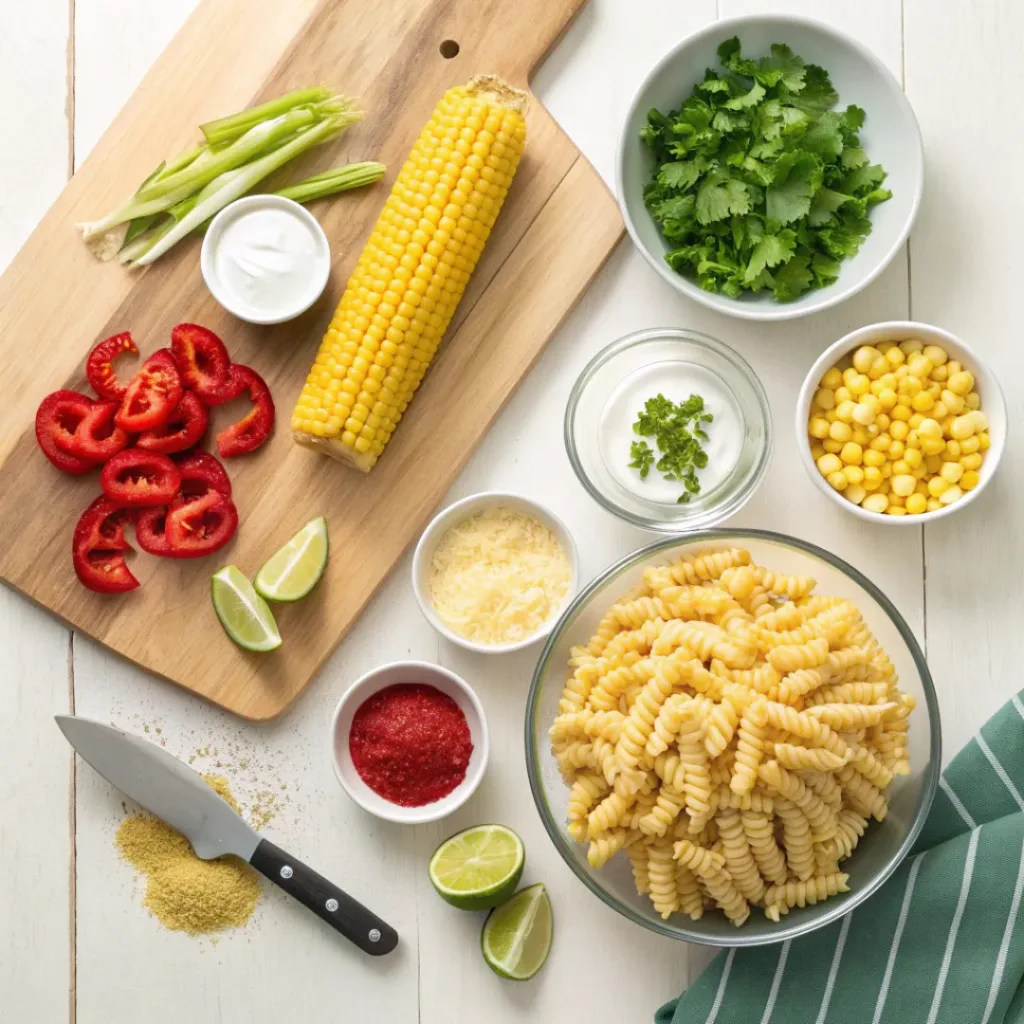 Flat lay of pasta, corn, bell peppers, cilantro, cheese, and dressing ingredients