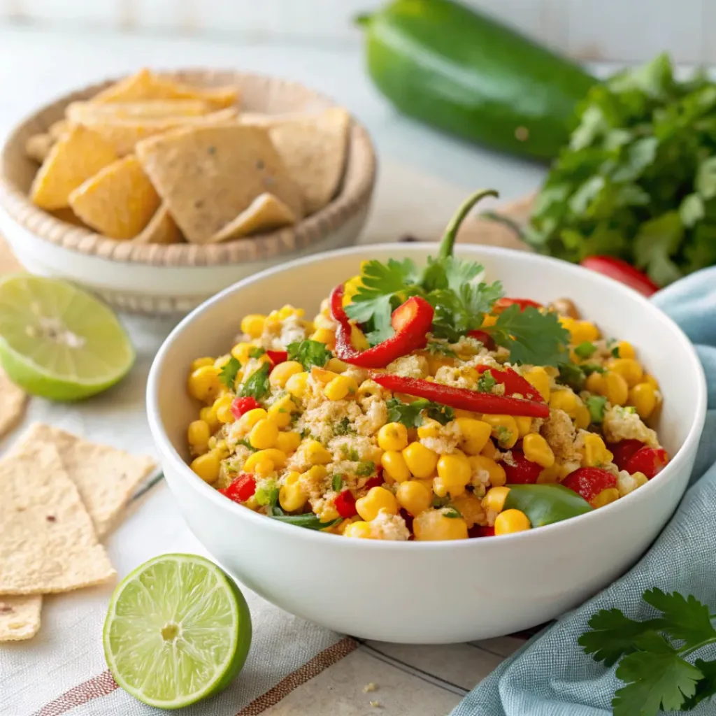Street corn pasta salad served with cilantro, chili powder, lime wedges, and tortilla chips