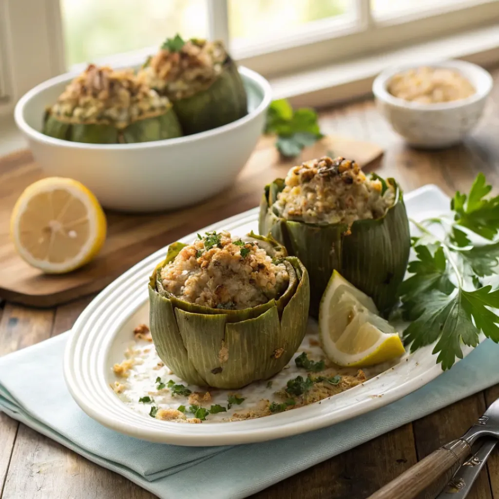 Home 6 Whole artichokes filled with golden breadcrumb stuffing