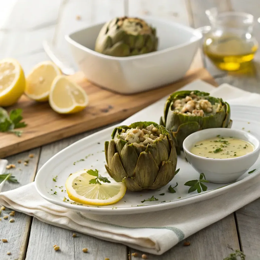 Stuffed artichokes served with lemon wedges