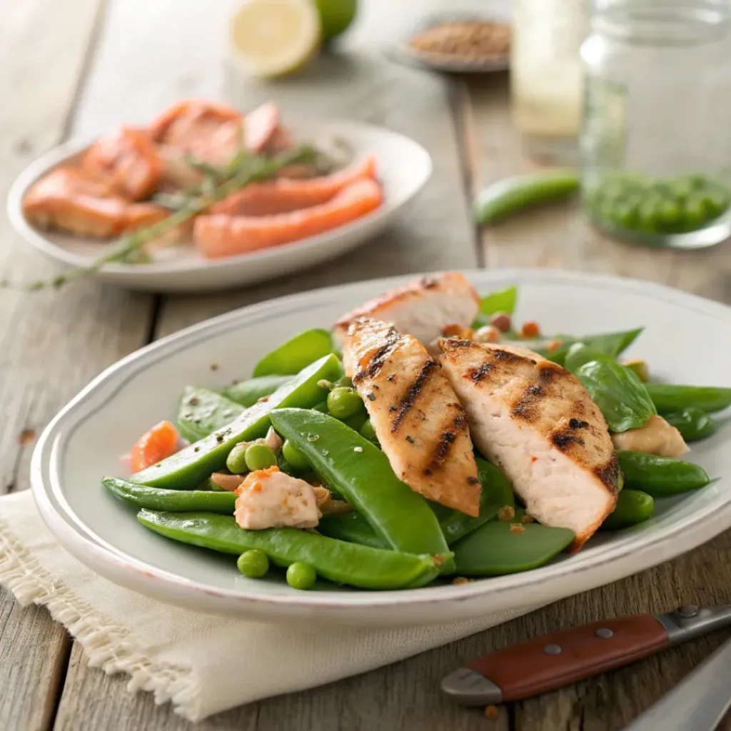 Sugar Snap Pea Salad – Crisp, Fresh Spring Favorite 8 Sugar snap pea salad served with grilled chicken