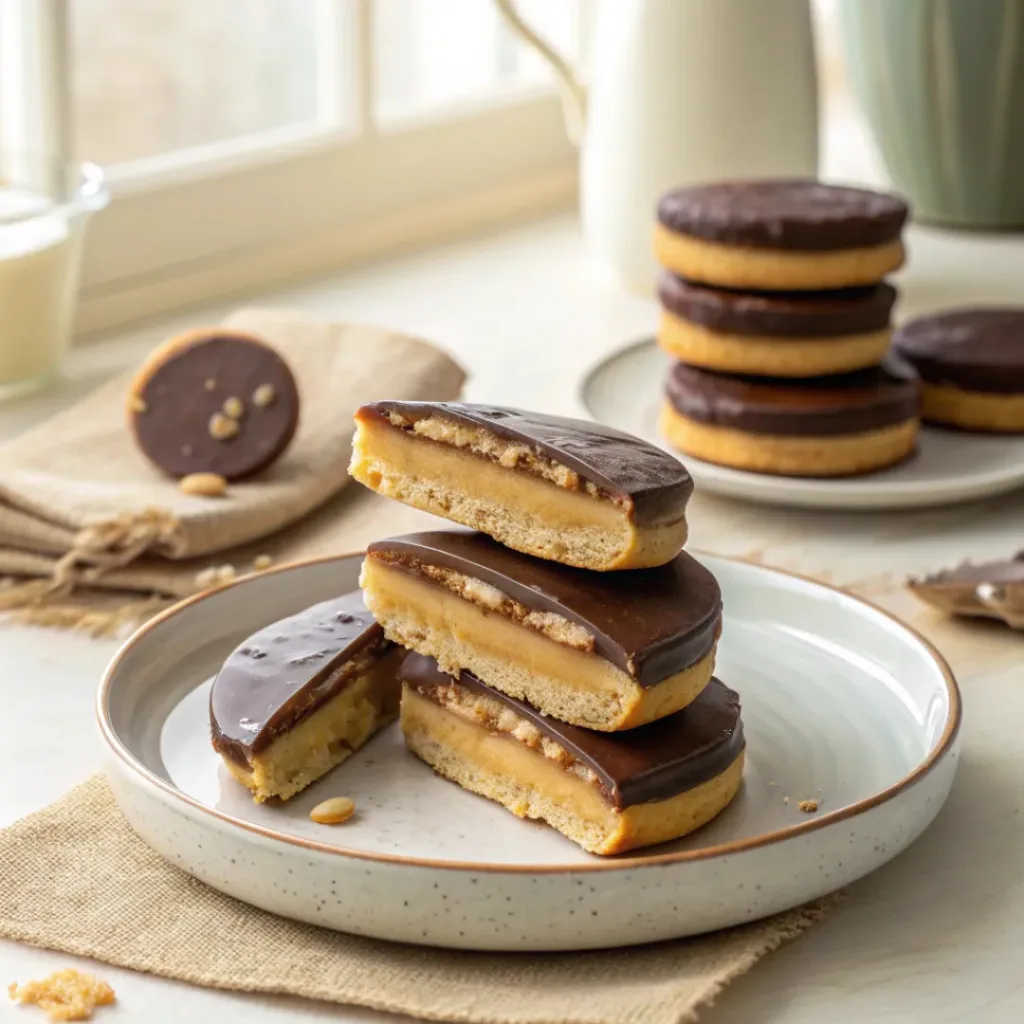 Peanut butter and chocolate layered cookies stacked on plate