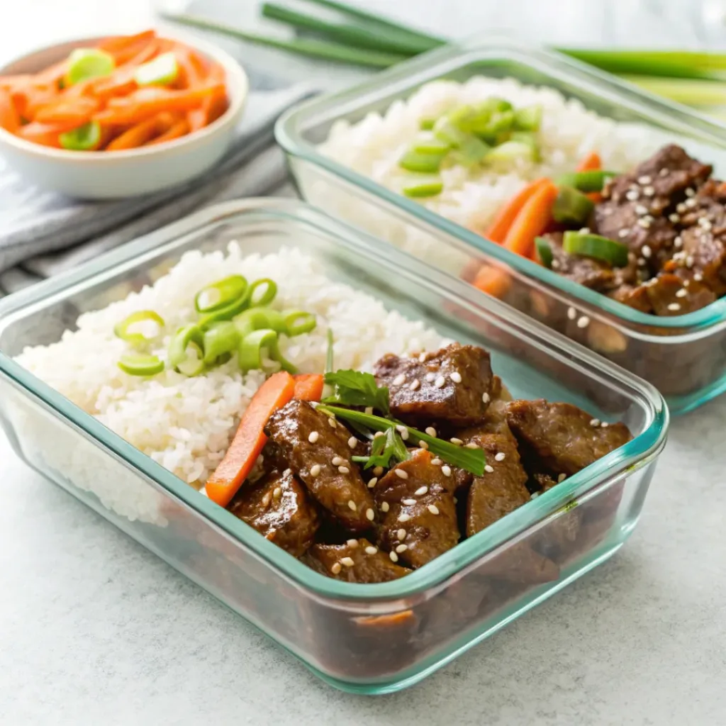 Teriyaki beef meal prep bowls ready to eat, garnished with sesame seeds and green onions
