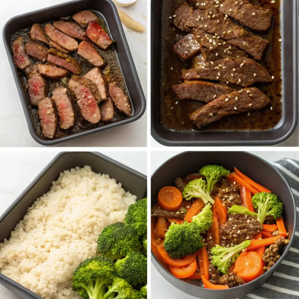 Four-panel collage showing steps to marinate, cook, and assemble teriyaki beef meal prep bowls