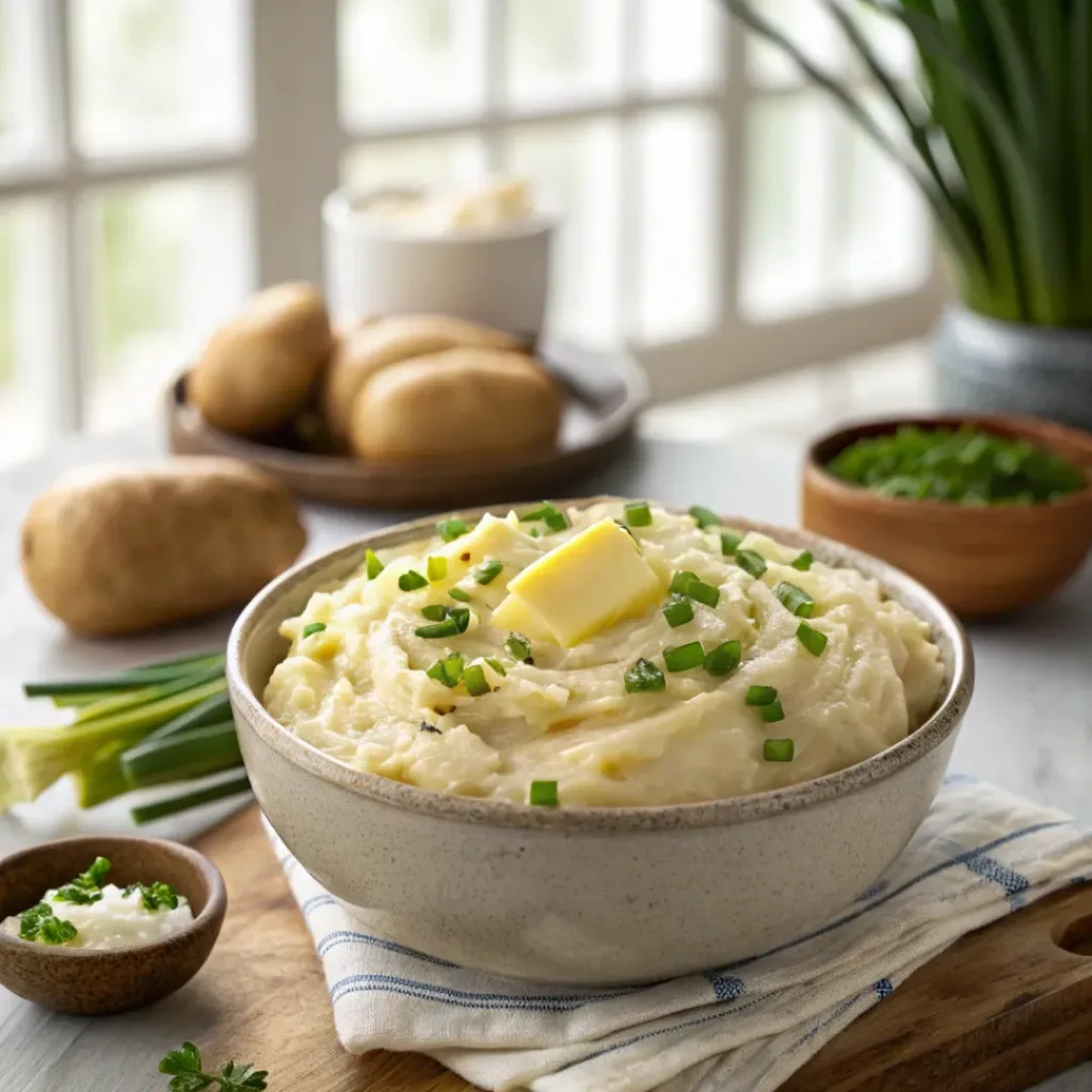 Creamy mashed potatoes with chopped green onions and butter