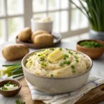 Creamy mashed potatoes with chopped green onions and butter