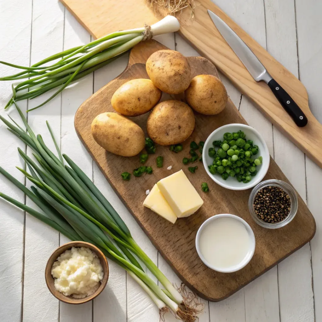 Flat lay of potatoes, green onions, butter, and milk for champ