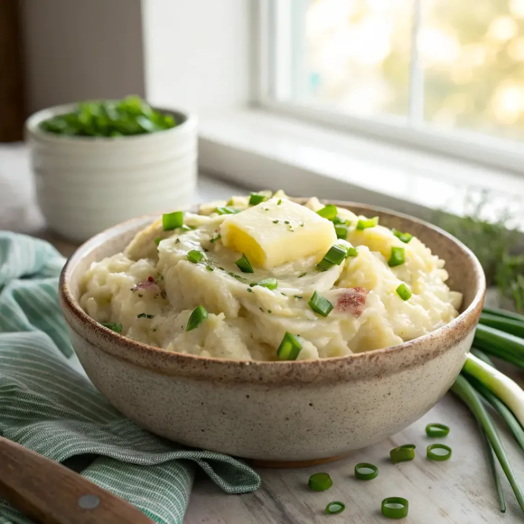 Creamy Irish champ topped with butter and green onions, served with a hearty meal