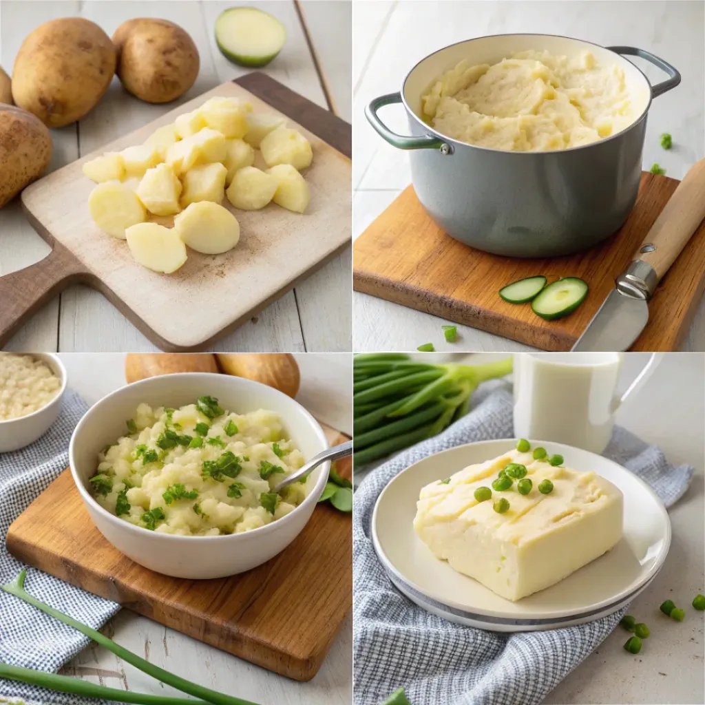 Four-panel collage showing peeling potatoes, boiling, mashing with butter, and adding green onions