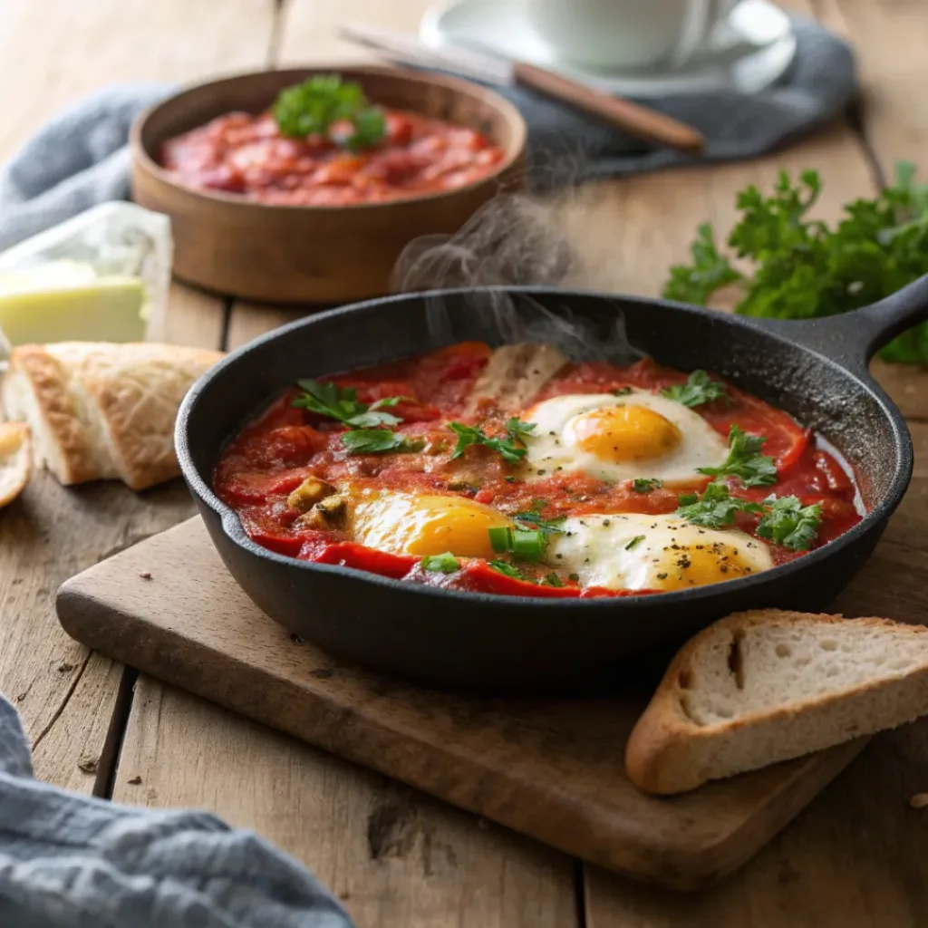 Poached eggs in rich tomato and bell pepper sauce in a skillet