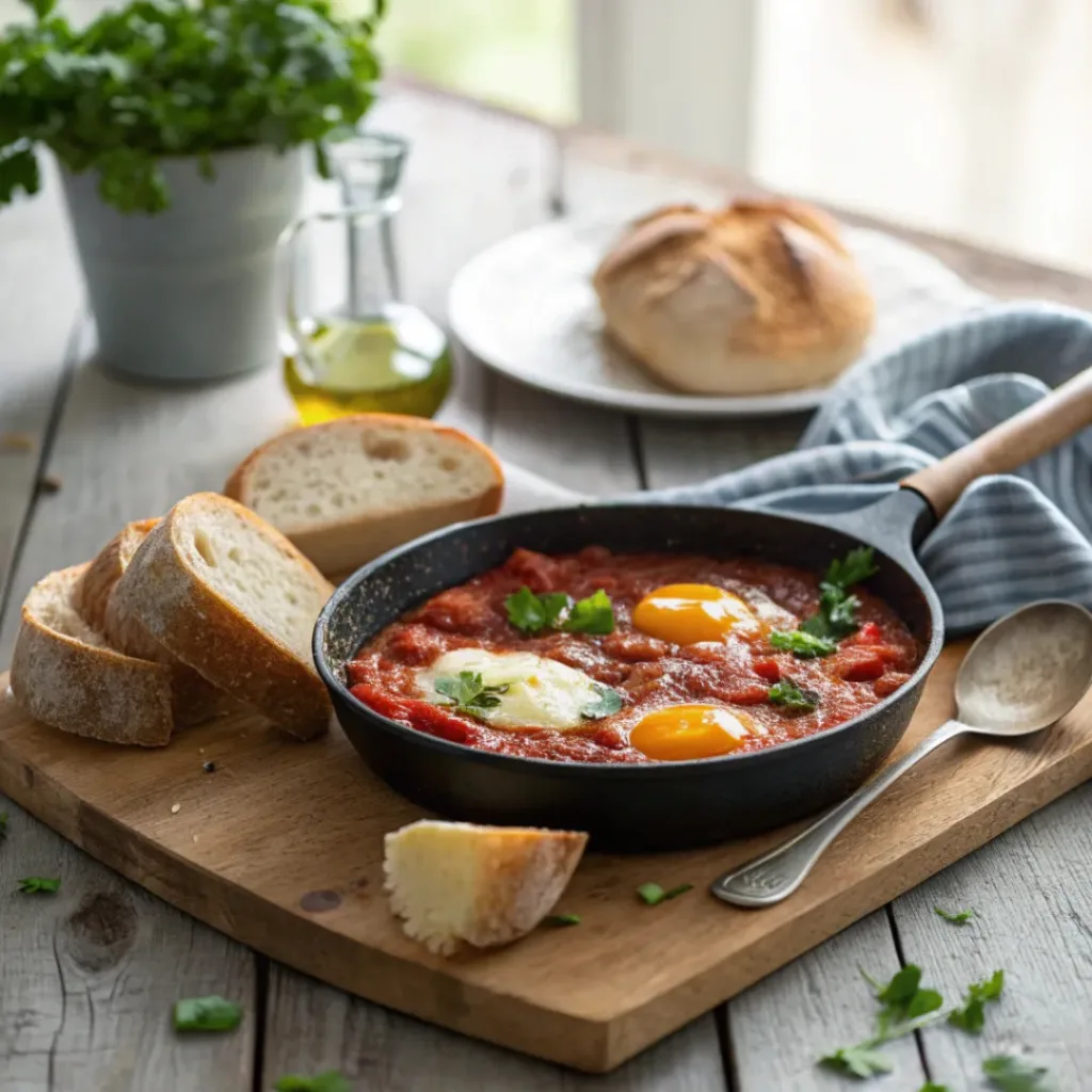 Shakshuka in skillet served with crusty bread