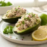 Avocado halves filled with creamy tuna salad garnished with parsley