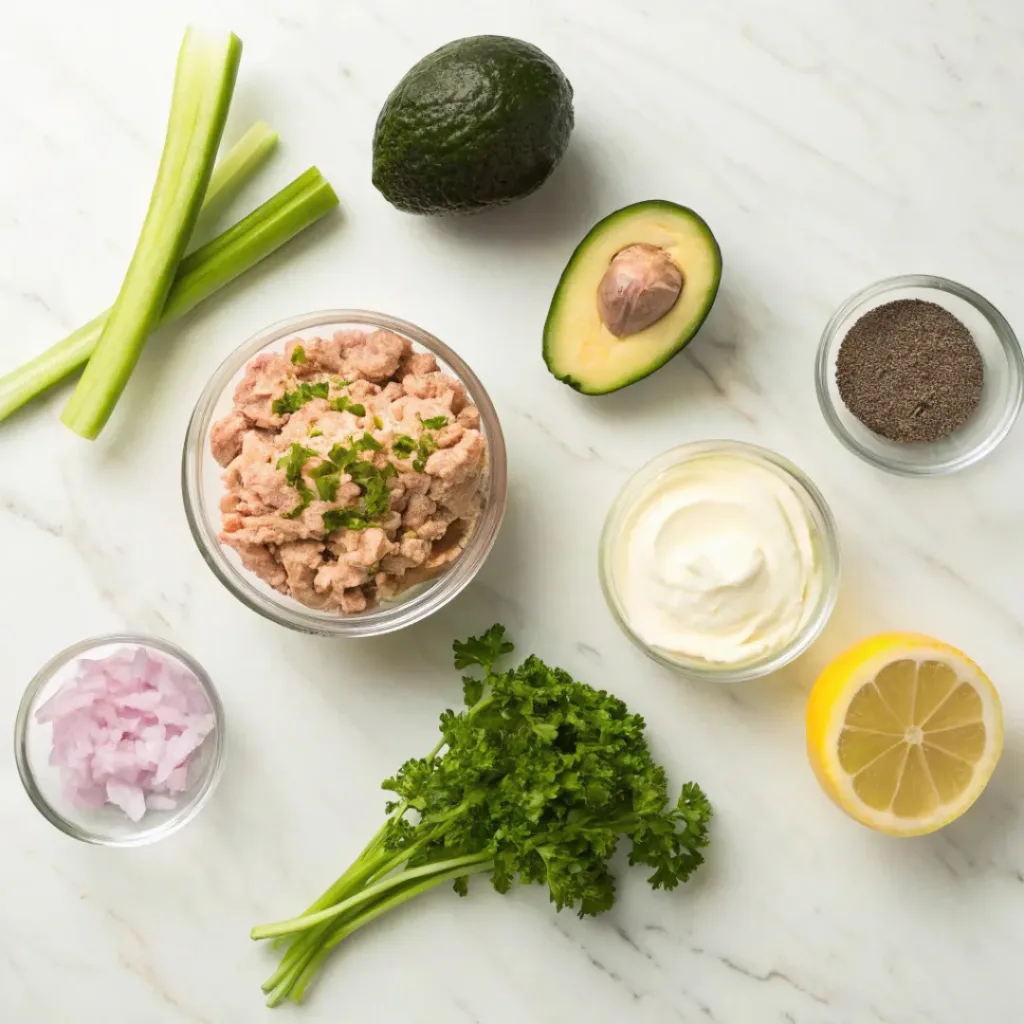 Flat lay of tuna stuffed avocado ingredients including tuna, avocado, celery, red onion, and lemon