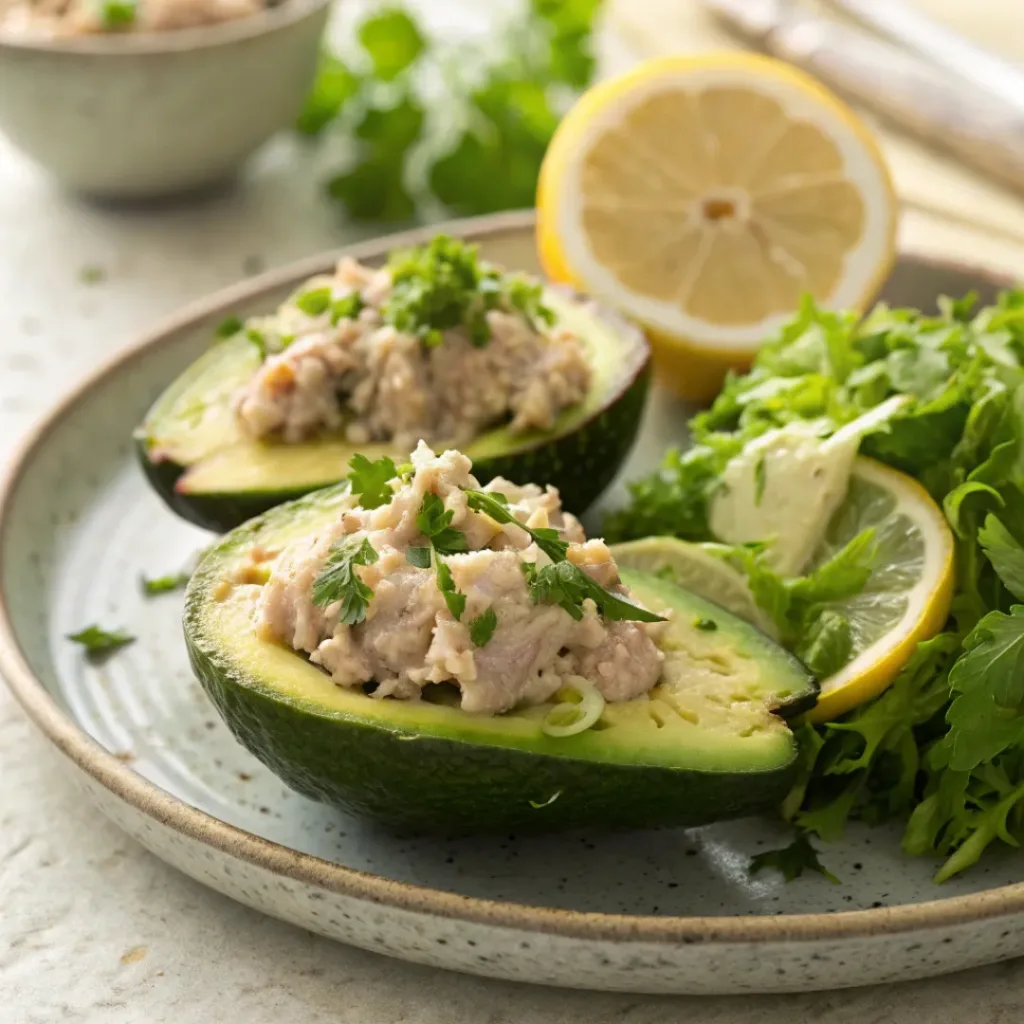 Tuna stuffed avocado halves served with lemon wedges and fresh herbs